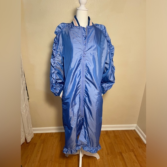 ASOS NWT Blue Parachute Parka Y2K/90s Jacket Ruffle Sleeves Long Shiny sz 8 - Picture 11 of 14